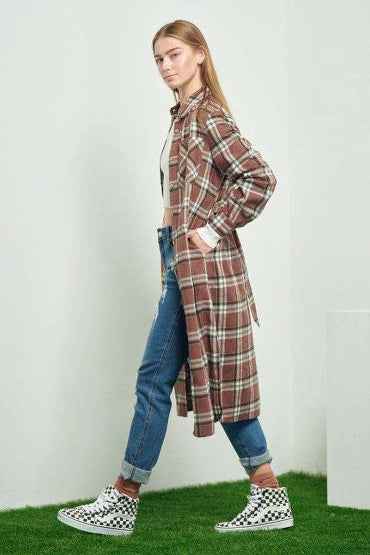 PLAID PRINT COLLAR LONG SHIRT DRESS kt168shophk