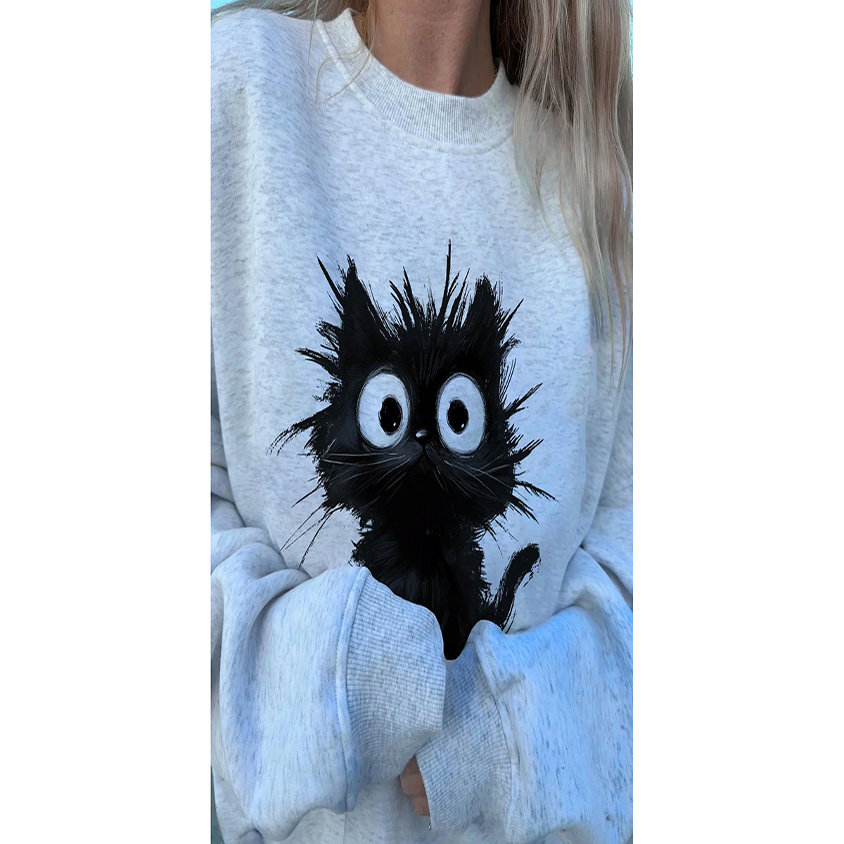 Women Cute Kitten Graphic Sweatshirt Long Sleeve Crewneck Pullover Top