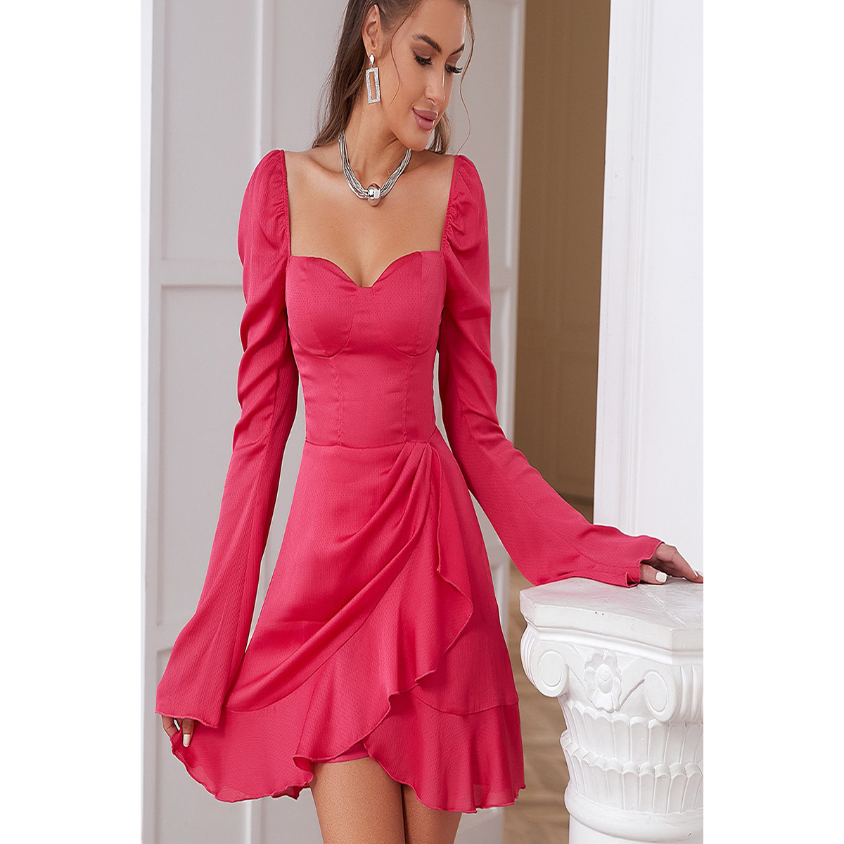 Fashion Elegant Slim-Fit Long Sleeve Ruffled Dress