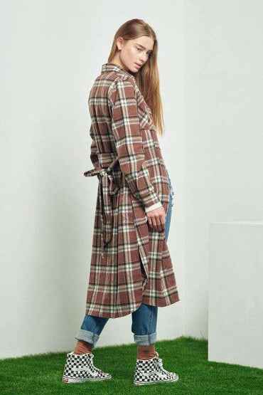 PLAID PRINT COLLAR LONG SHIRT DRESS kt168shophk
