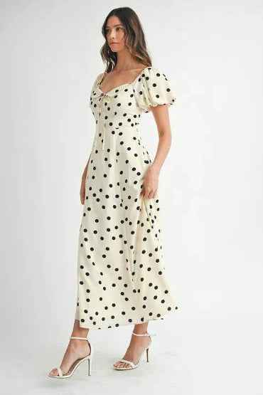 MABLE Polka Dot Puff Sleeve Midi Dress for Effortless Style and Comfort