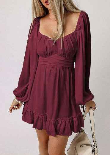 Women Ruffled High Waist Square Neck Mini Dress