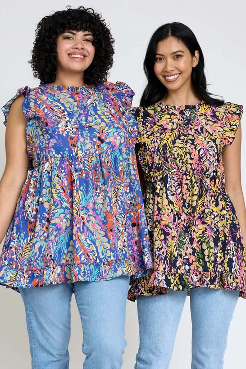 Ruffle Floral Leaf Woven Tunic Top kt168shophk