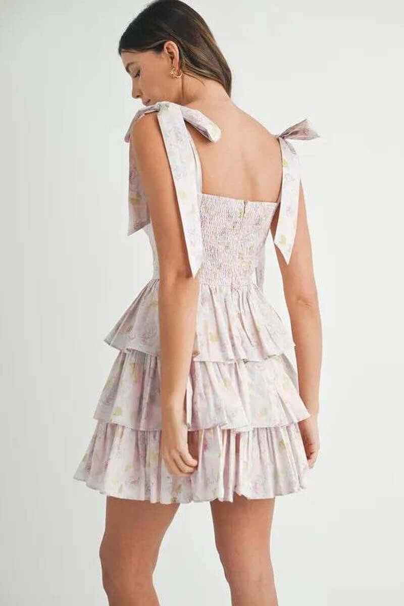 MABLE Floral Print Shoulder Tie Layered Mini Dress
