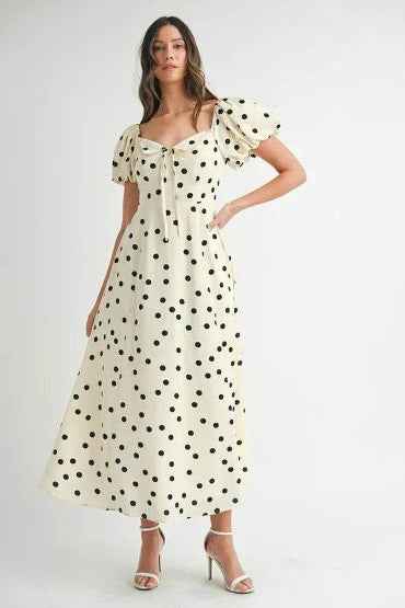 MABLE Polka Dot Puff Sleeve Midi Dress for Effortless Style and Comfort