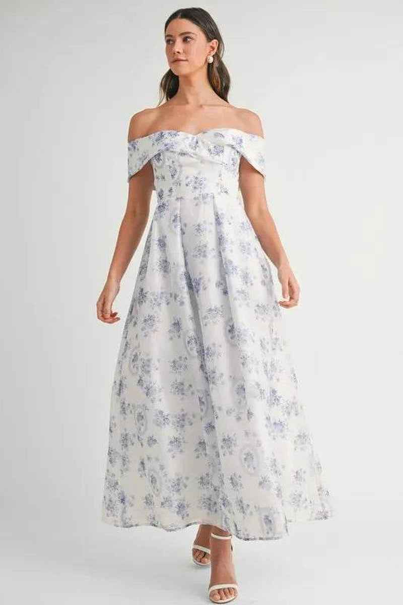 MABLE Floral Printed off Shoulder Maxi Dress