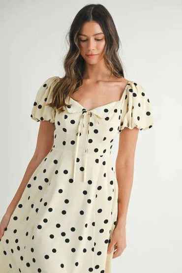 MABLE Polka Dot Puff Sleeve Midi Dress for Effortless Style and Comfort