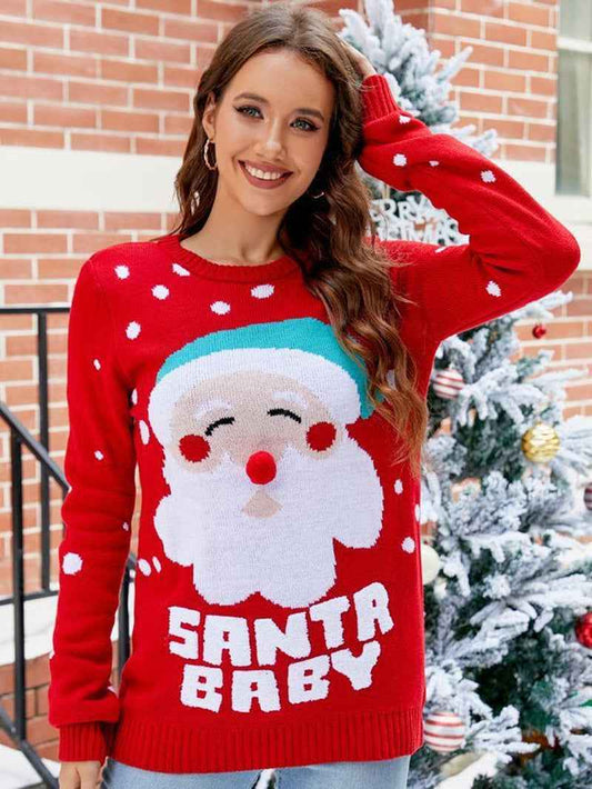 Winter Letter Embroidery Christmas Red Sweaters Crew Neck Clothes