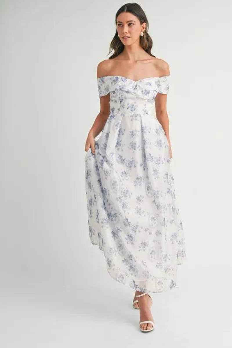 MABLE Floral Printed off Shoulder Maxi Dress