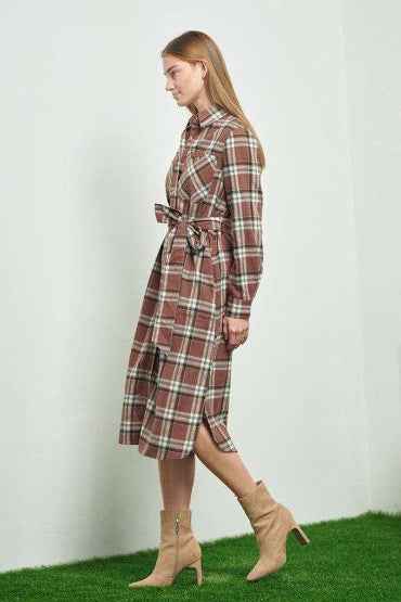 PLAID PRINT COLLAR LONG SHIRT DRESS kt168shophk