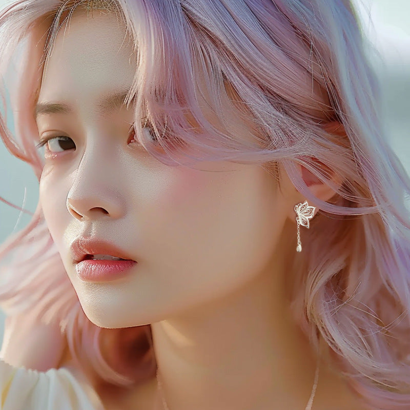 S999 Silver Sweet Tassel New Butterfly Earrings