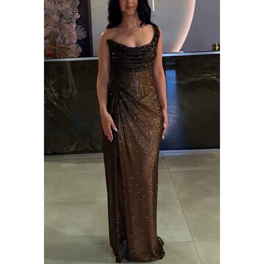 Split Gold and Silver Silk Dress Slim Women