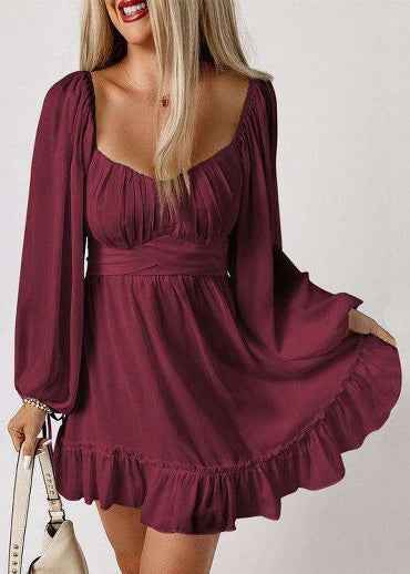 Women Ruffled High Waist Square Neck Mini Dress