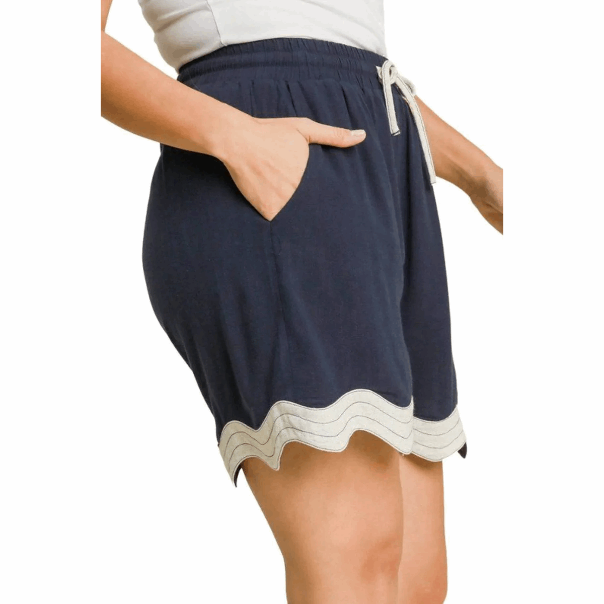 Umgee Full Size Color Blocked Scalloped Hem Shorts plus Size