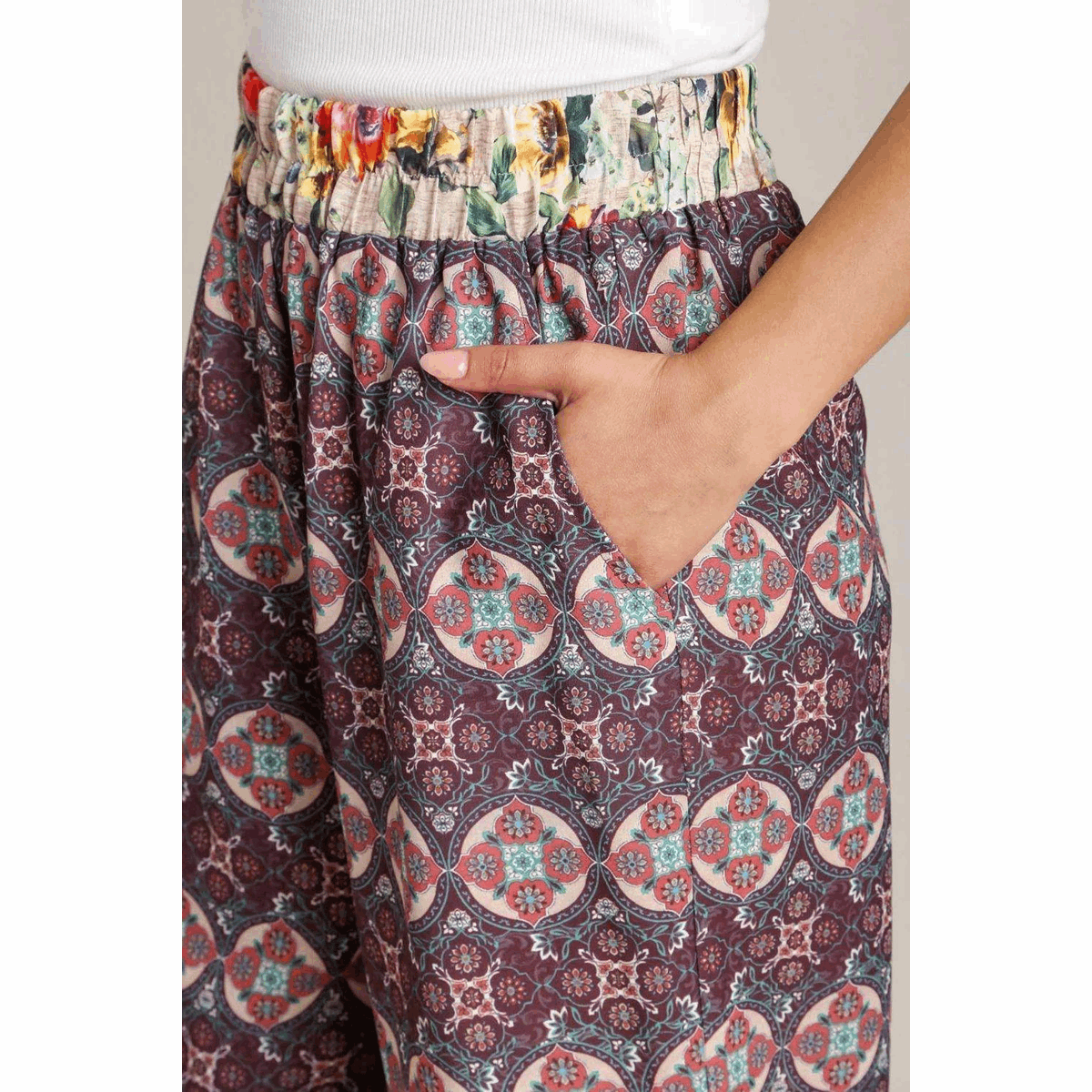 Umgee Full Size Mixed Print Elastic Waistband Pants plus Size
