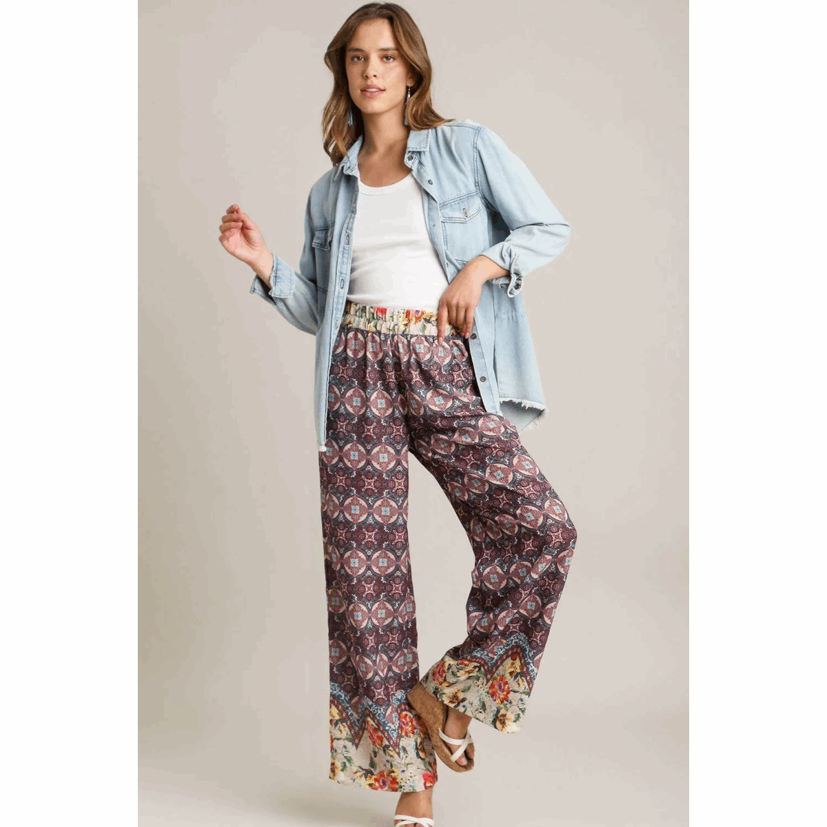 Umgee Full Size Mixed Print Elastic Waistband Pants plus Size