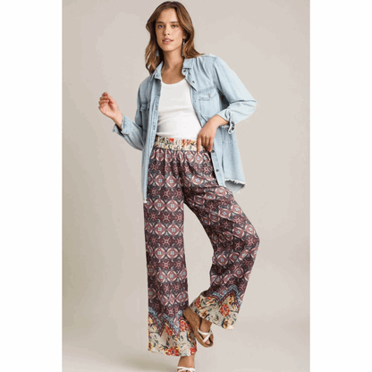 Umgee Full Size Mixed Print Elastic Waistband Pants plus Size