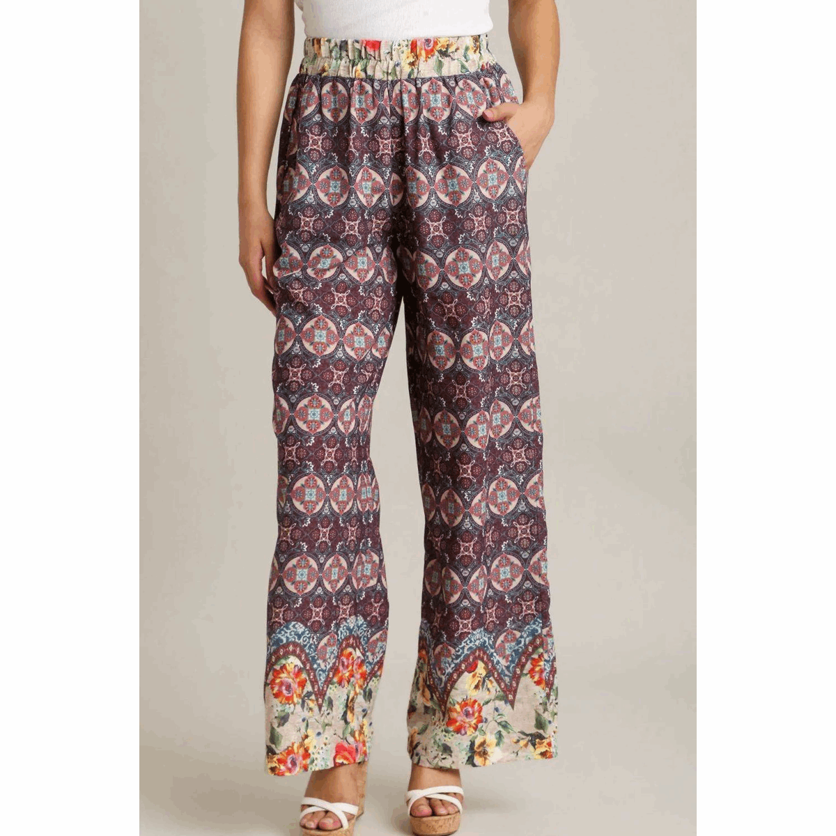 Umgee Full Size Mixed Print Elastic Waistband Pants plus Size