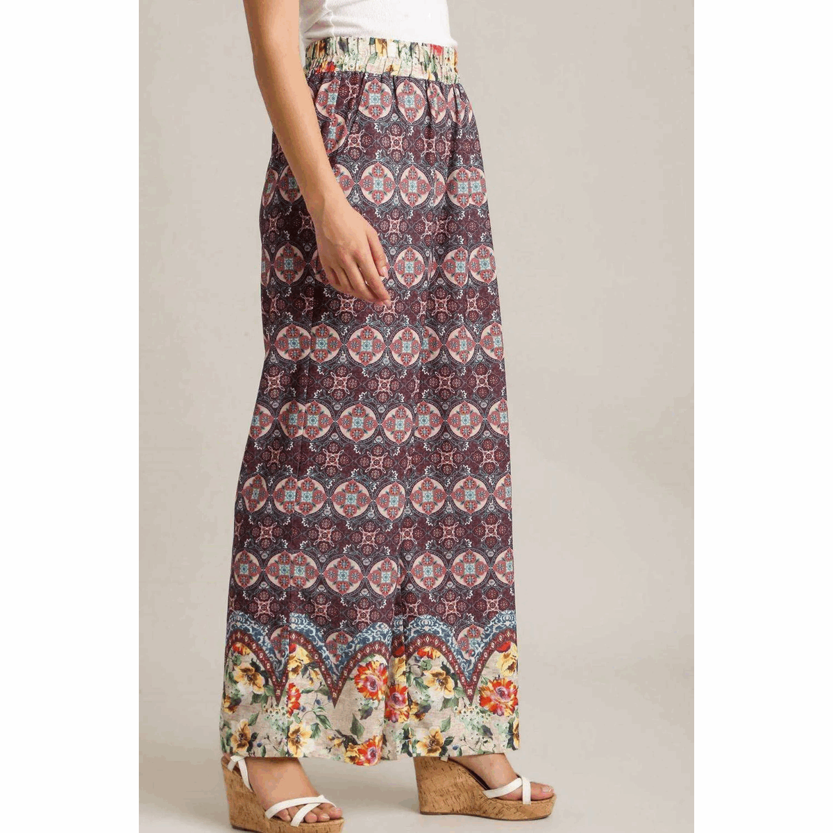 Umgee Full Size Mixed Print Elastic Waistband Pants plus Size