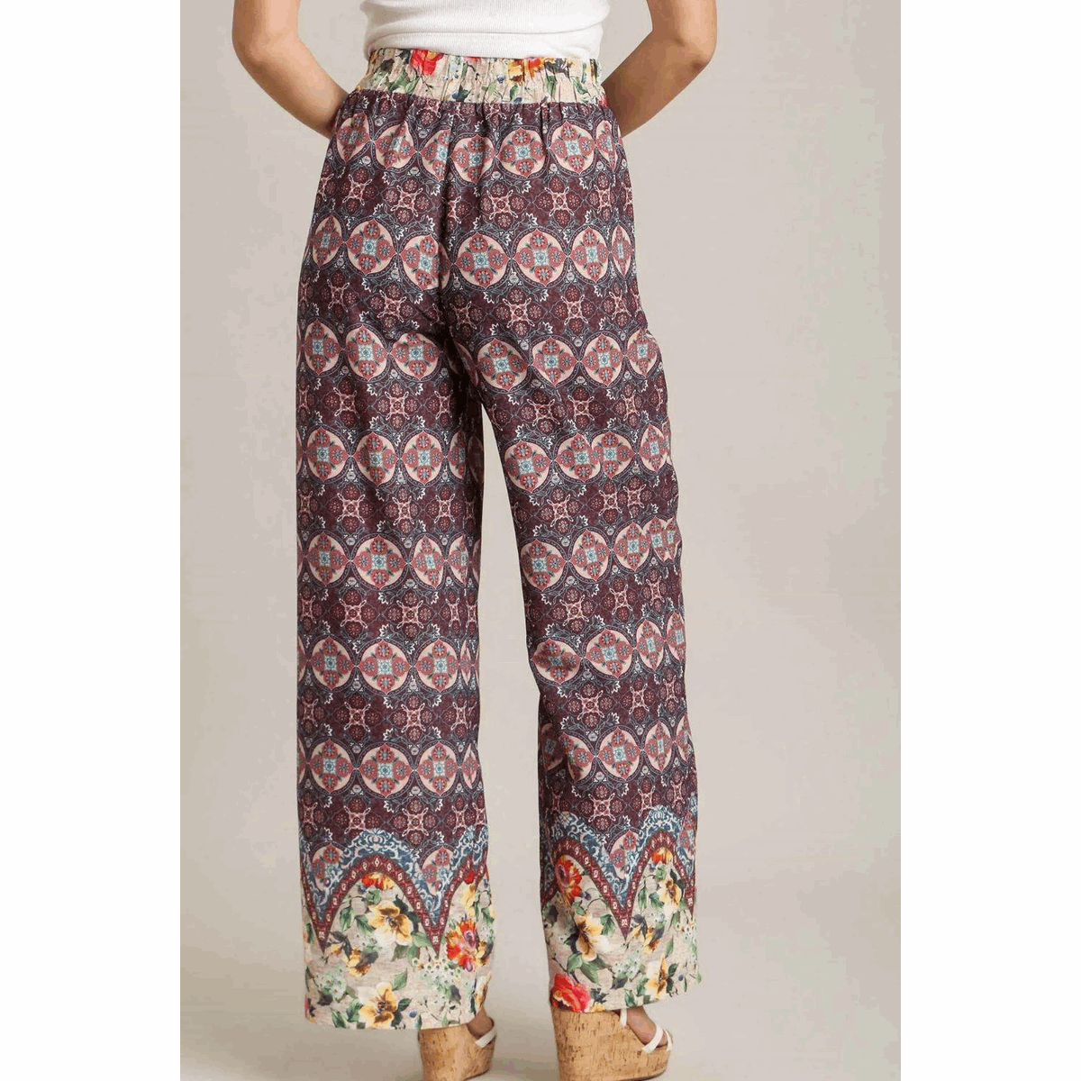 Umgee Full Size Mixed Print Elastic Waistband Pants plus Size