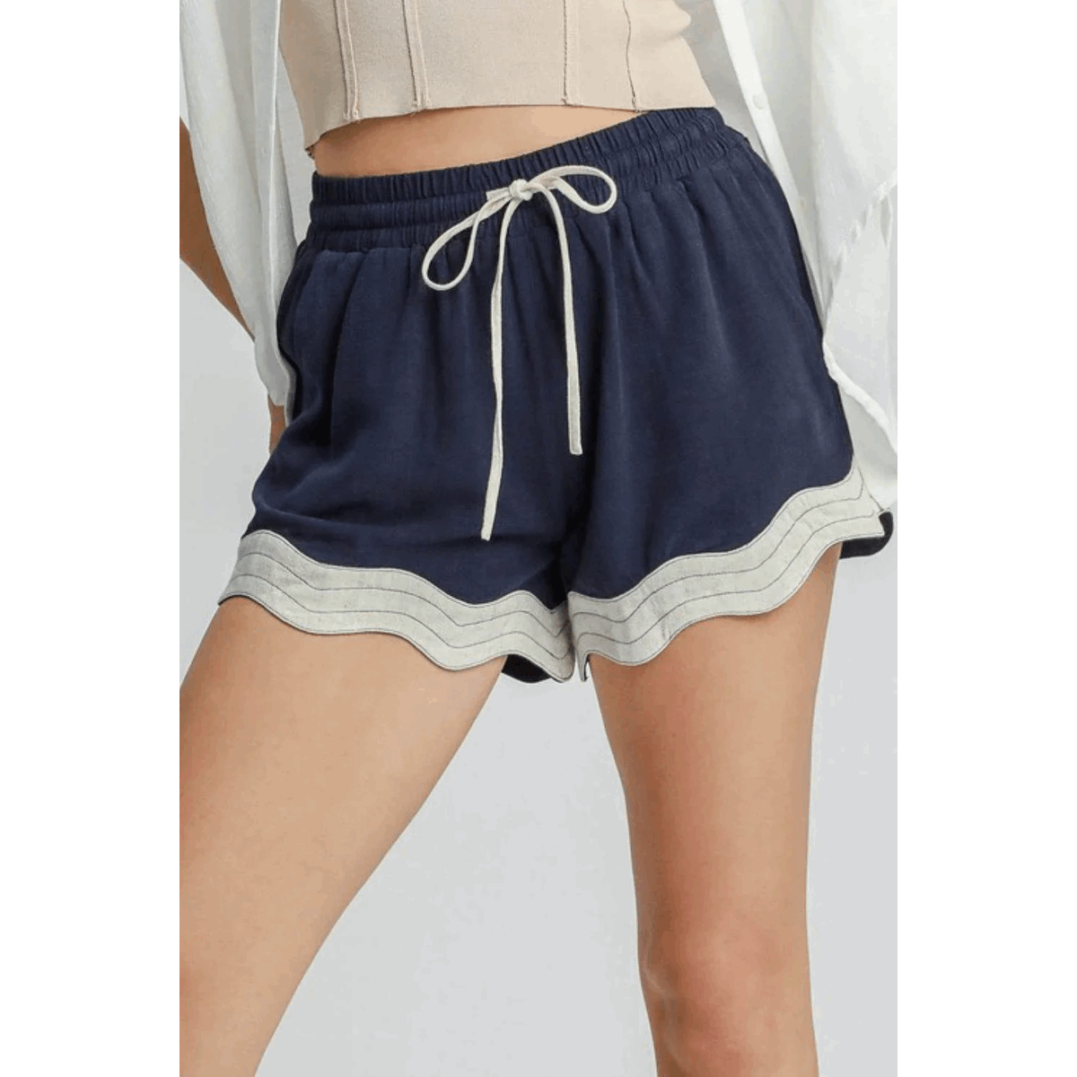 Umgee Full Size Color Blocked Scalloped Hem Shorts plus Size