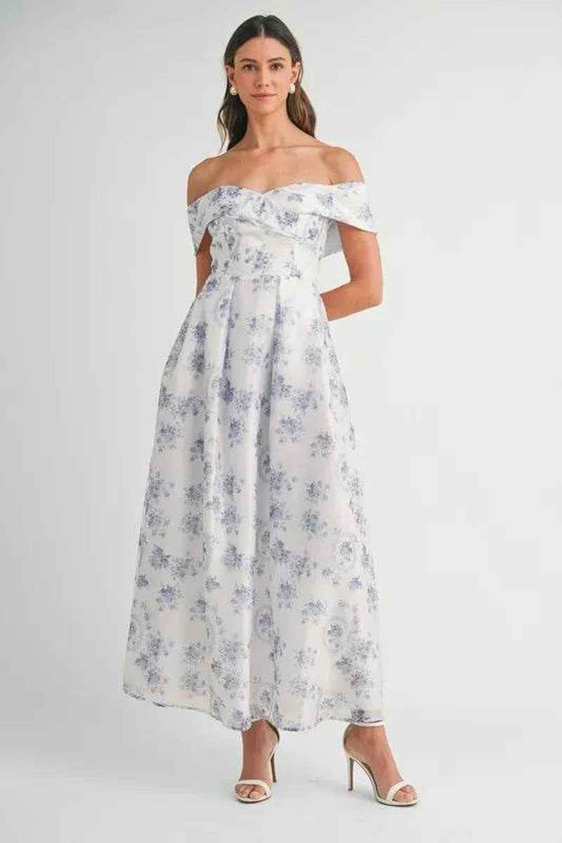 MABLE Floral Printed off Shoulder Maxi Dress