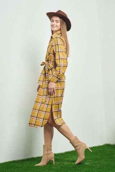 PLAID PRINT COLLAR LONG SHIRT DRESS kt168shophk