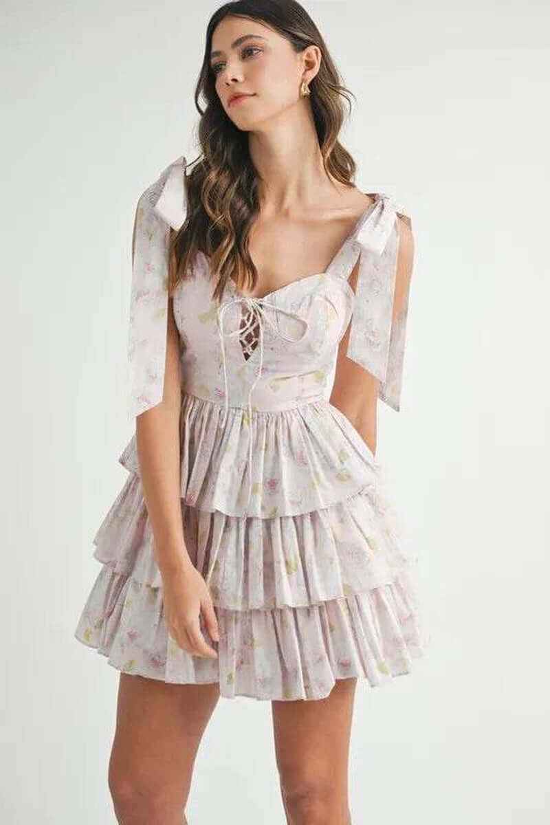 MABLE Floral Print Shoulder Tie Layered Mini Dress