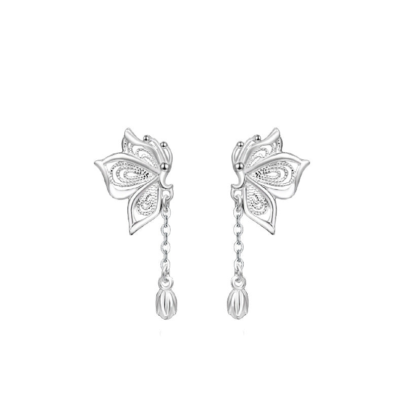 S999 Silver Sweet Tassel New Butterfly Earrings