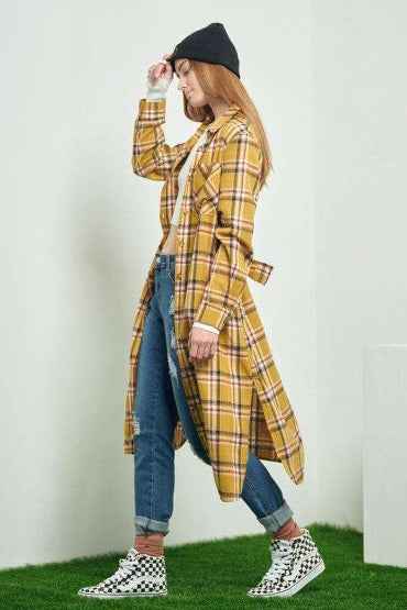 PLAID PRINT COLLAR LONG SHIRT DRESS kt168shophk