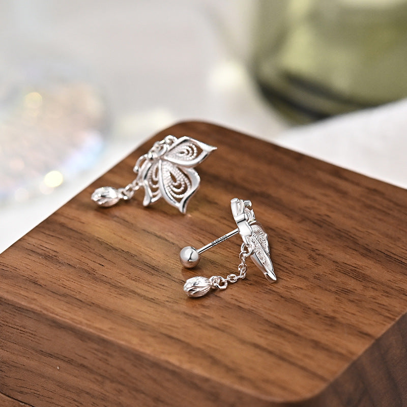 S999 Silver Sweet Tassel New Butterfly Earrings