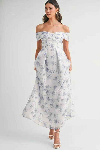 MABLE Floral Printed off Shoulder Maxi Dress