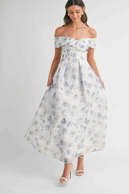 MABLE Floral Printed off Shoulder Maxi Dress