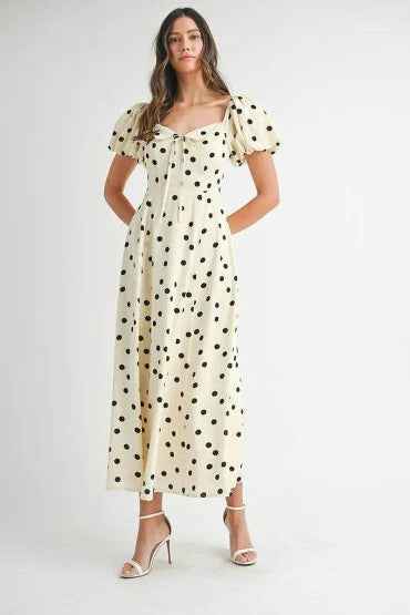 MABLE Polka Dot Puff Sleeve Midi Dress for Effortless Style and Comfort