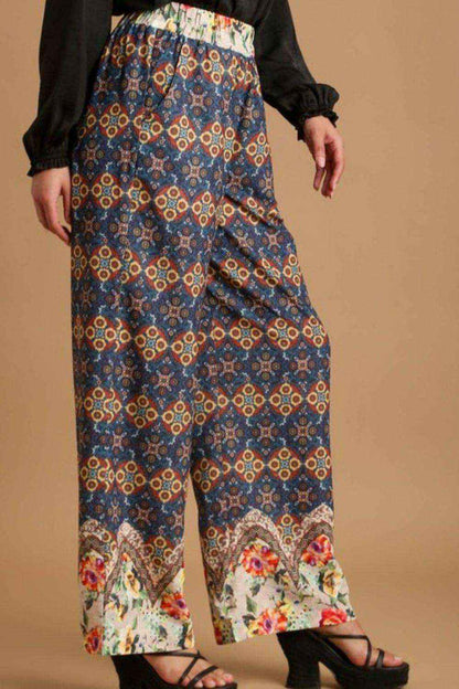 Umgee Full Size Mixed Print Elastic Waistband Pants plus Size