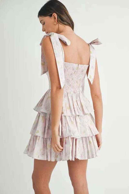 MABLE Floral Print Shoulder Tie Layered Mini Dress