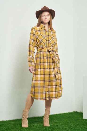 PLAID PRINT COLLAR LONG SHIRT DRESS kt168shophk