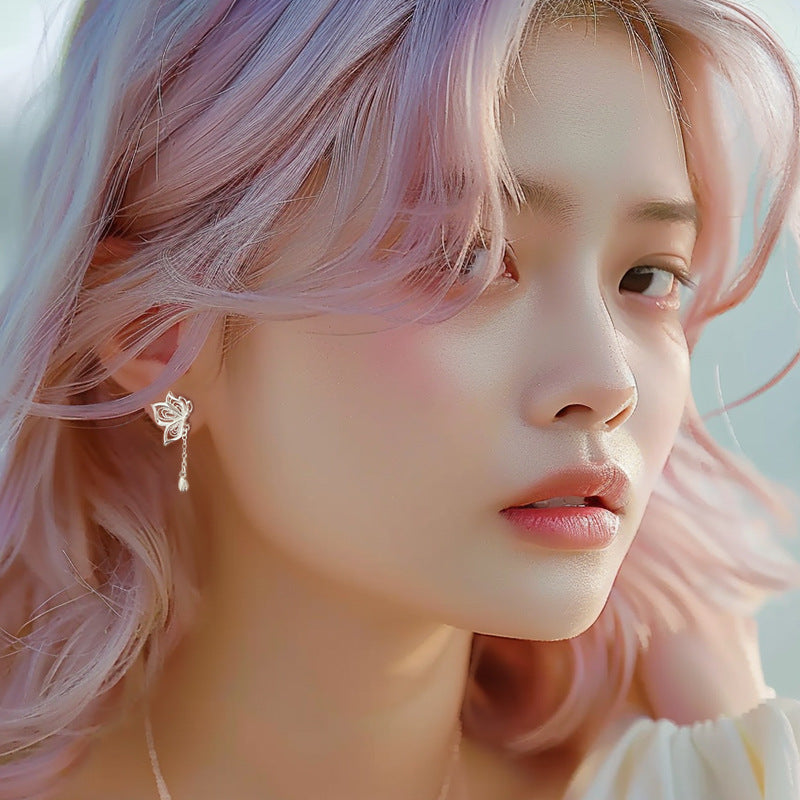 S999 Silver Sweet Tassel New Butterfly Earrings