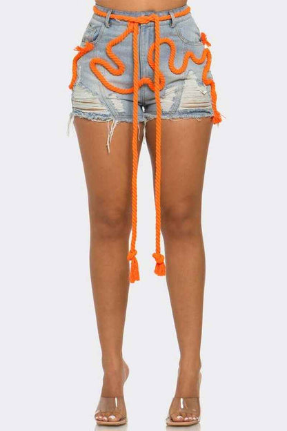 Playful Denim Shorts with Orange Drawstring