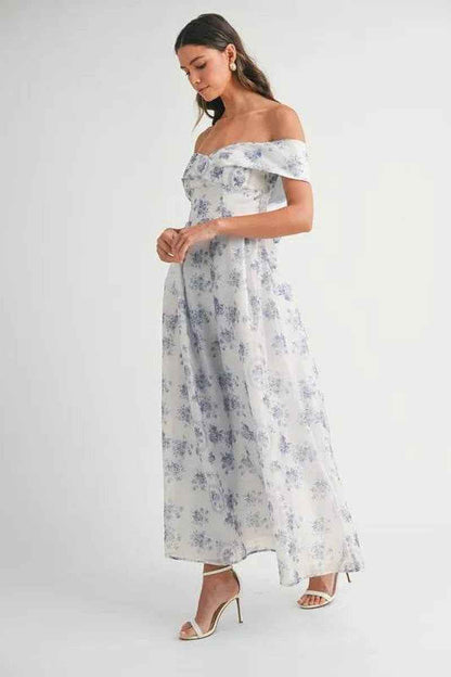 MABLE Floral Printed off Shoulder Maxi Dress