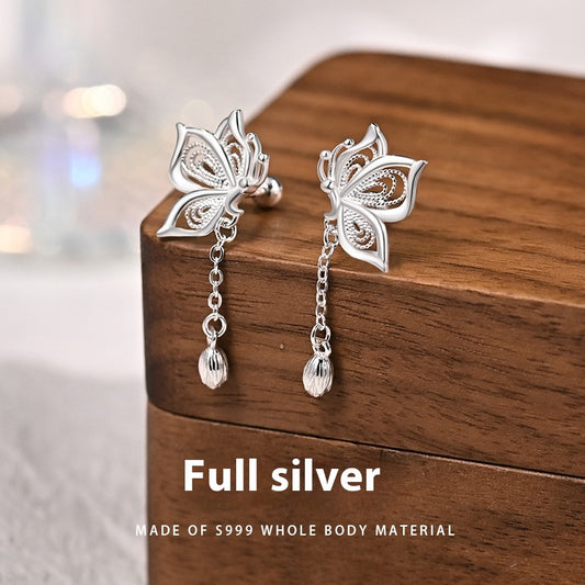 S999 Silver Sweet Tassel New Butterfly Earrings