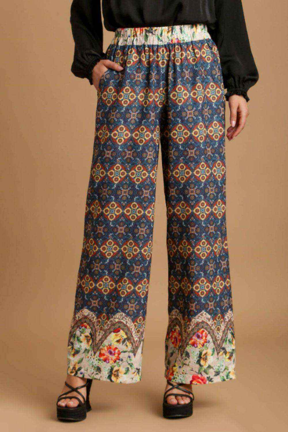 Umgee Full Size Mixed Print Elastic Waistband Pants plus Size
