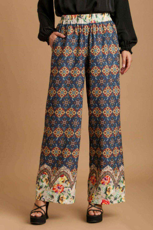 Umgee Full Size Mixed Print Elastic Waistband Pants plus Size