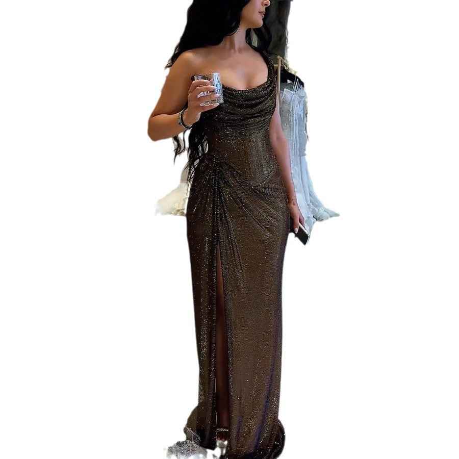 Split Gold and Silver Silk Dress Slim Women