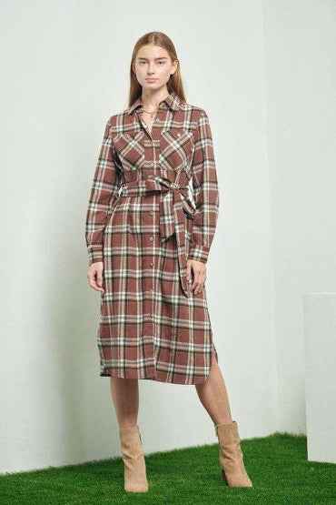 PLAID PRINT COLLAR LONG SHIRT DRESS kt168shophk