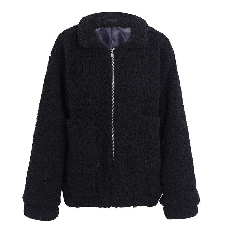 Faux Lambswool Over-sized Jacket Coat Winter Black Warm Hairy