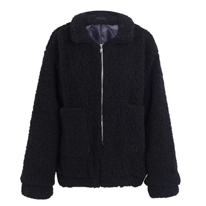 Faux Lambswool Over-sized Jacket Coat Winter Black Warm Hairy